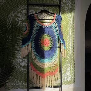 Venus Vintage Crochet Knit Fringe Poncho Tunic Top S/M Boho Festival Multicolor